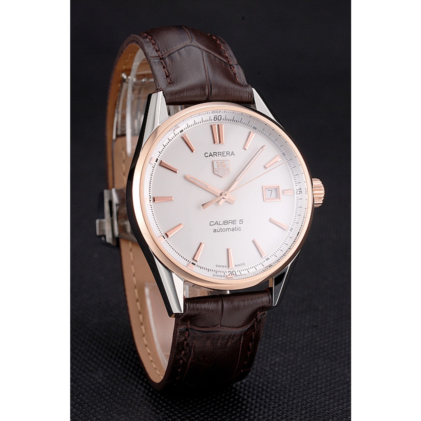 MiroTime Swiss Tag Heuer Carrera Calibre 5 White Dial Rose Gold Case Brown Leather Strap