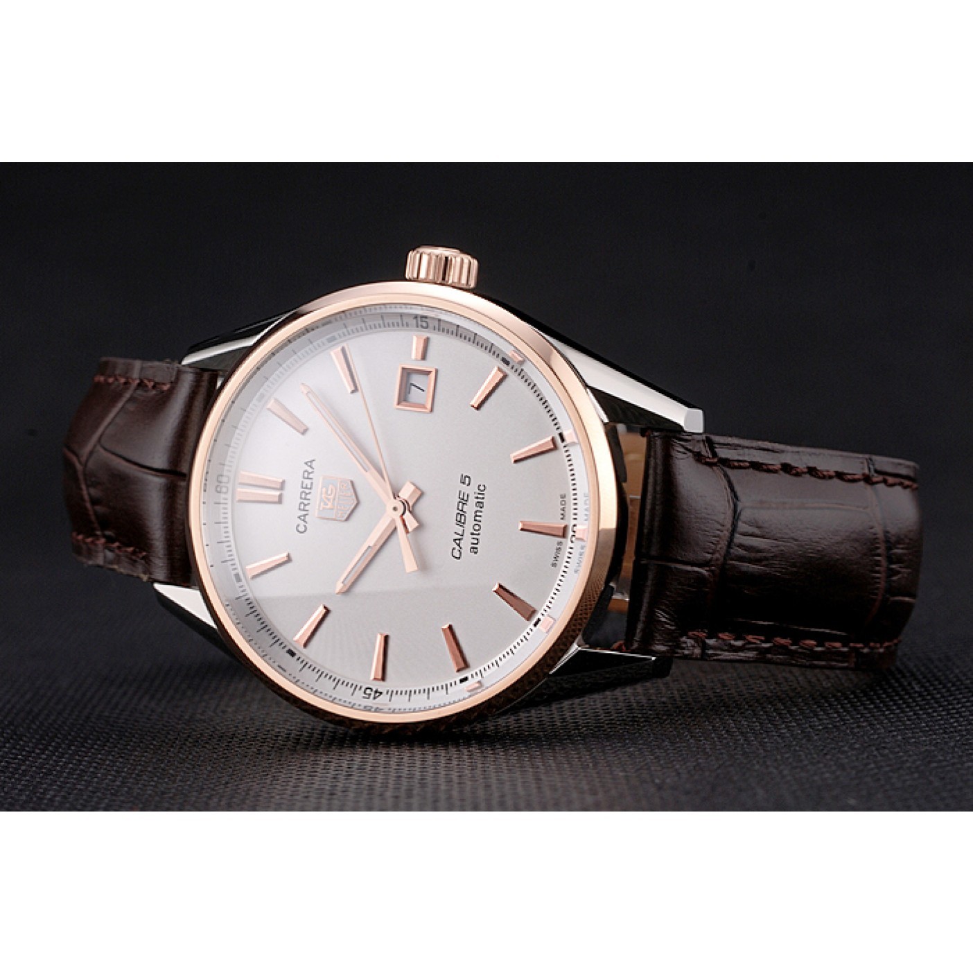 MiroTime Swiss Tag Heuer Carrera Calibre 5 White Dial Rose Gold Case Brown Leather Strap