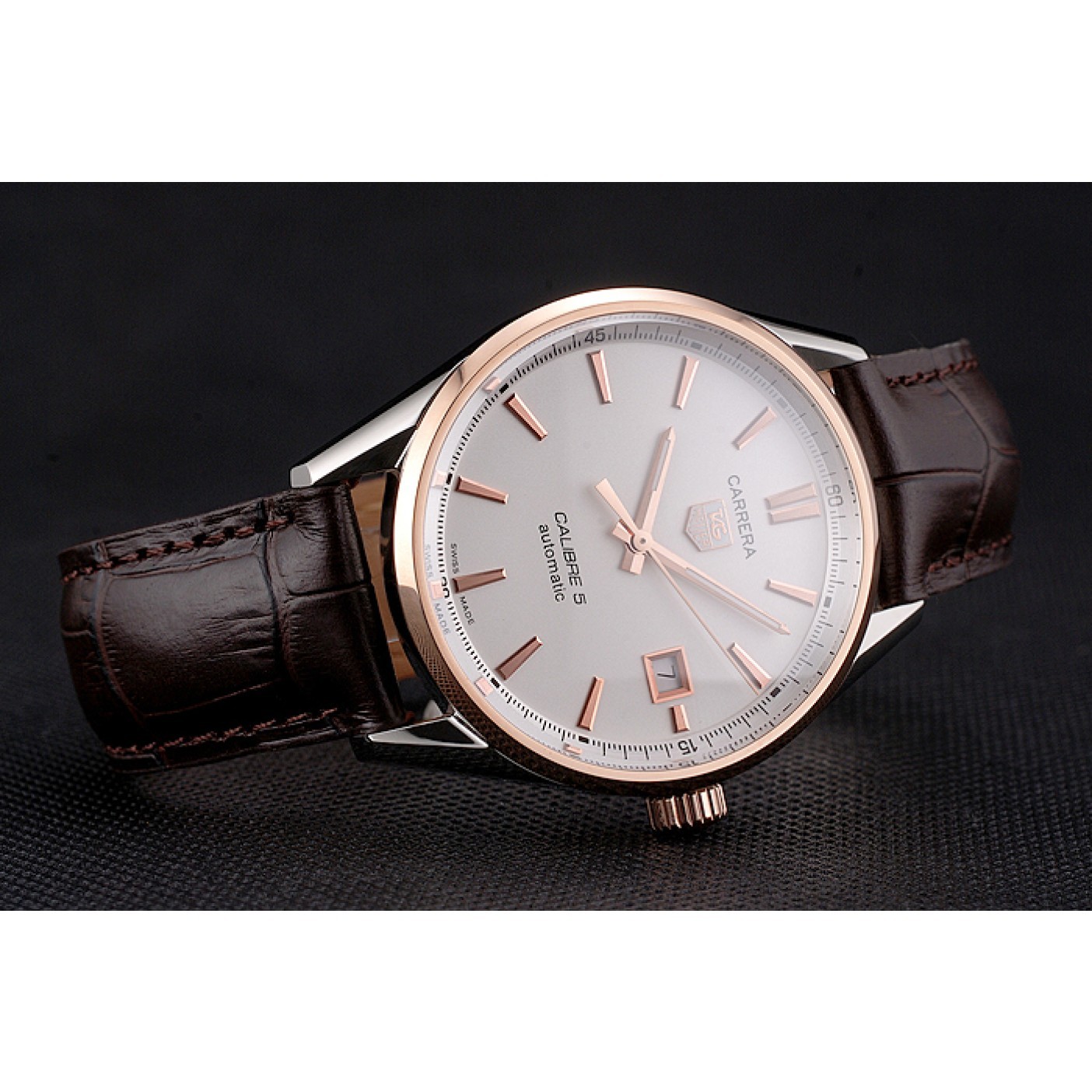 MiroTime Swiss Tag Heuer Carrera Calibre 5 White Dial Rose Gold Case Brown Leather Strap