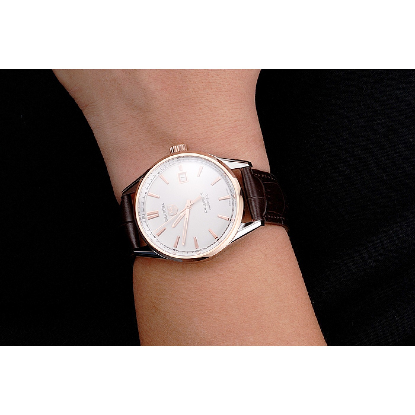 MiroTime Swiss Tag Heuer Carrera Calibre 5 White Dial Rose Gold Case Brown Leather Strap