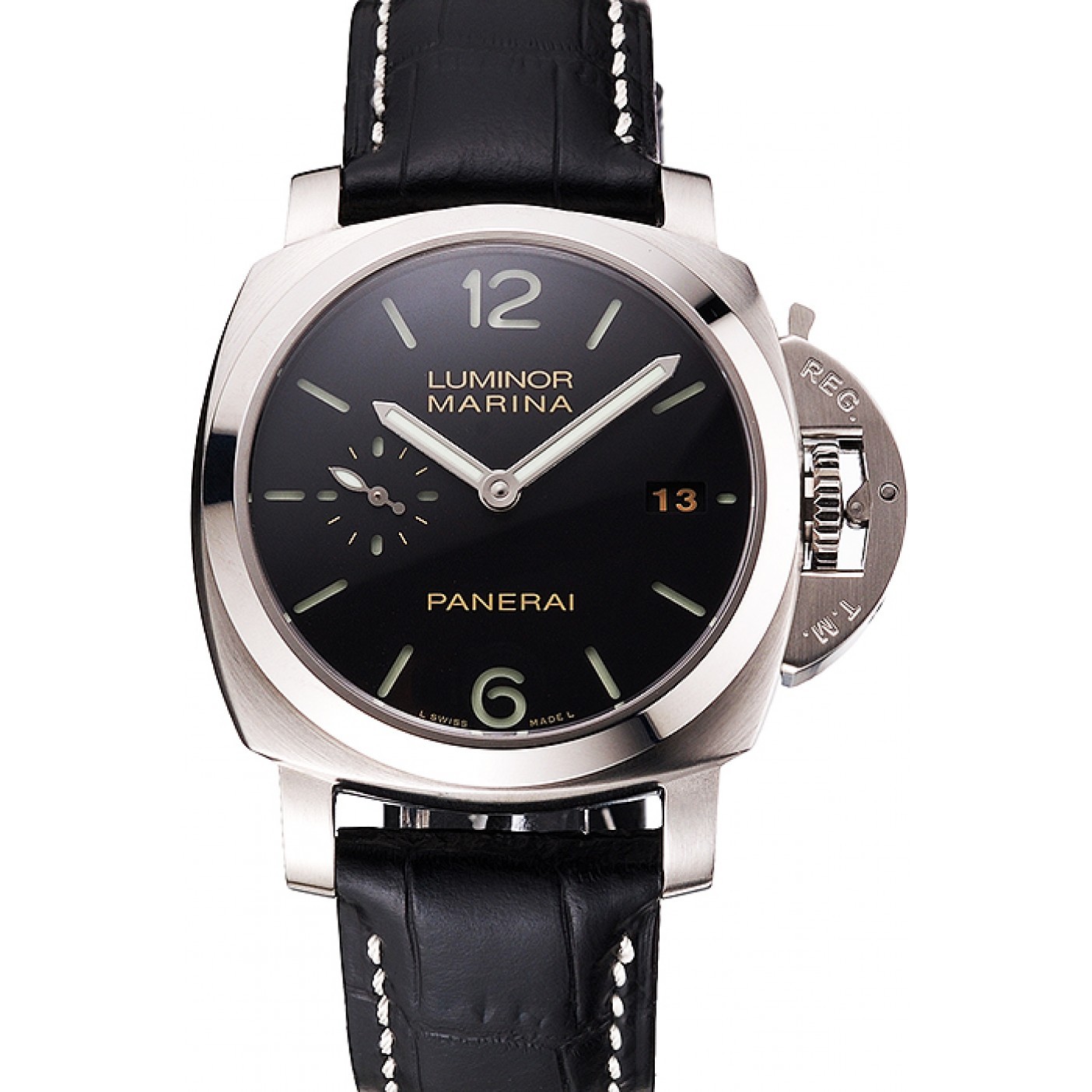 MiroTime Swiss Panerai Luminor Marina Date Black Dial Stainless Steel Case Black Leather Strap