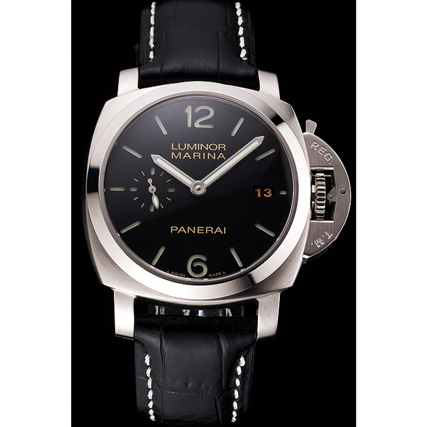 MiroTime Swiss Panerai Luminor Marina Date Black Dial Stainless Steel Case Black Leather Strap