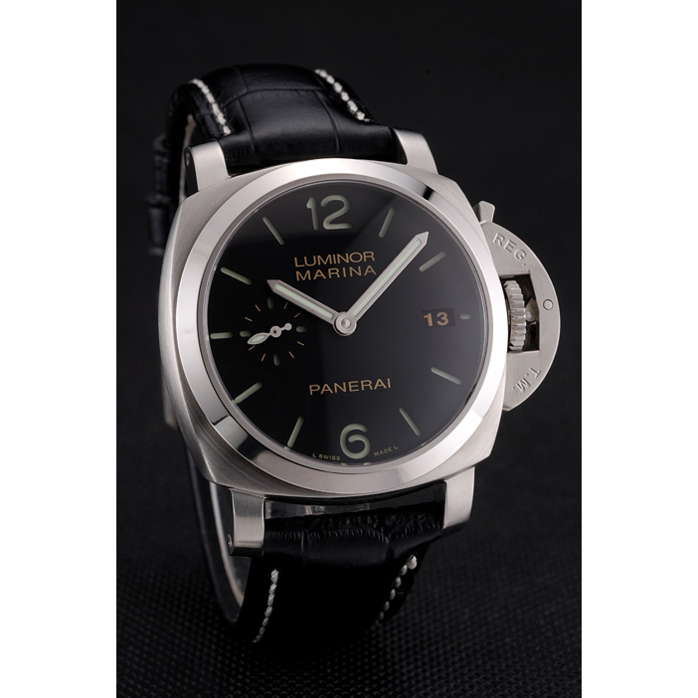 MiroTime Swiss Panerai Luminor Marina Date Black Dial Stainless Steel Case Black Leather Strap