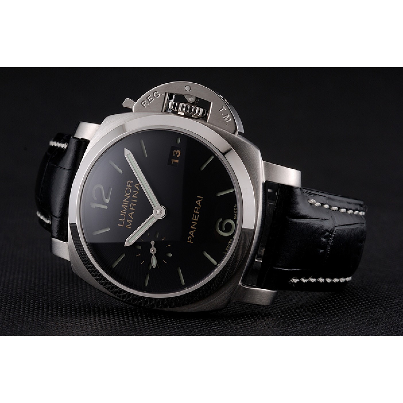 MiroTime Swiss Panerai Luminor Marina Date Black Dial Stainless Steel Case Black Leather Strap