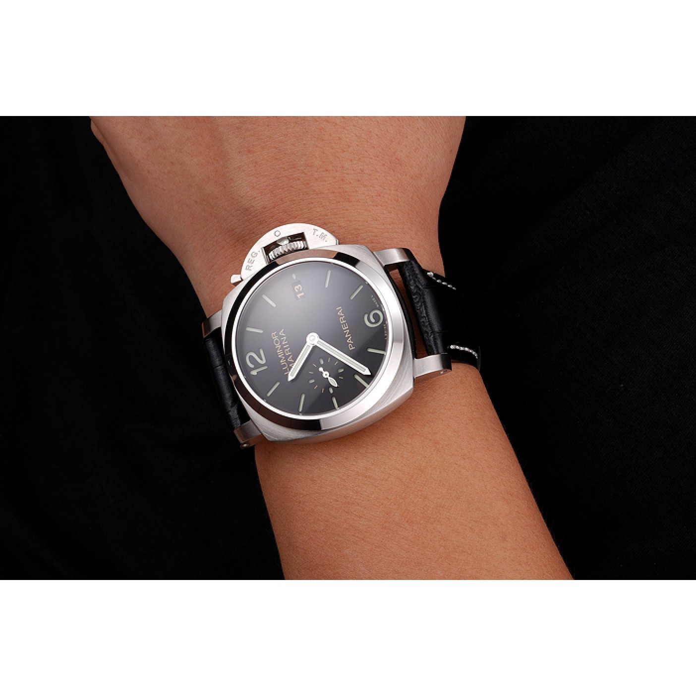 MiroTime Swiss Panerai Luminor Marina Date Black Dial Stainless Steel Case Black Leather Strap