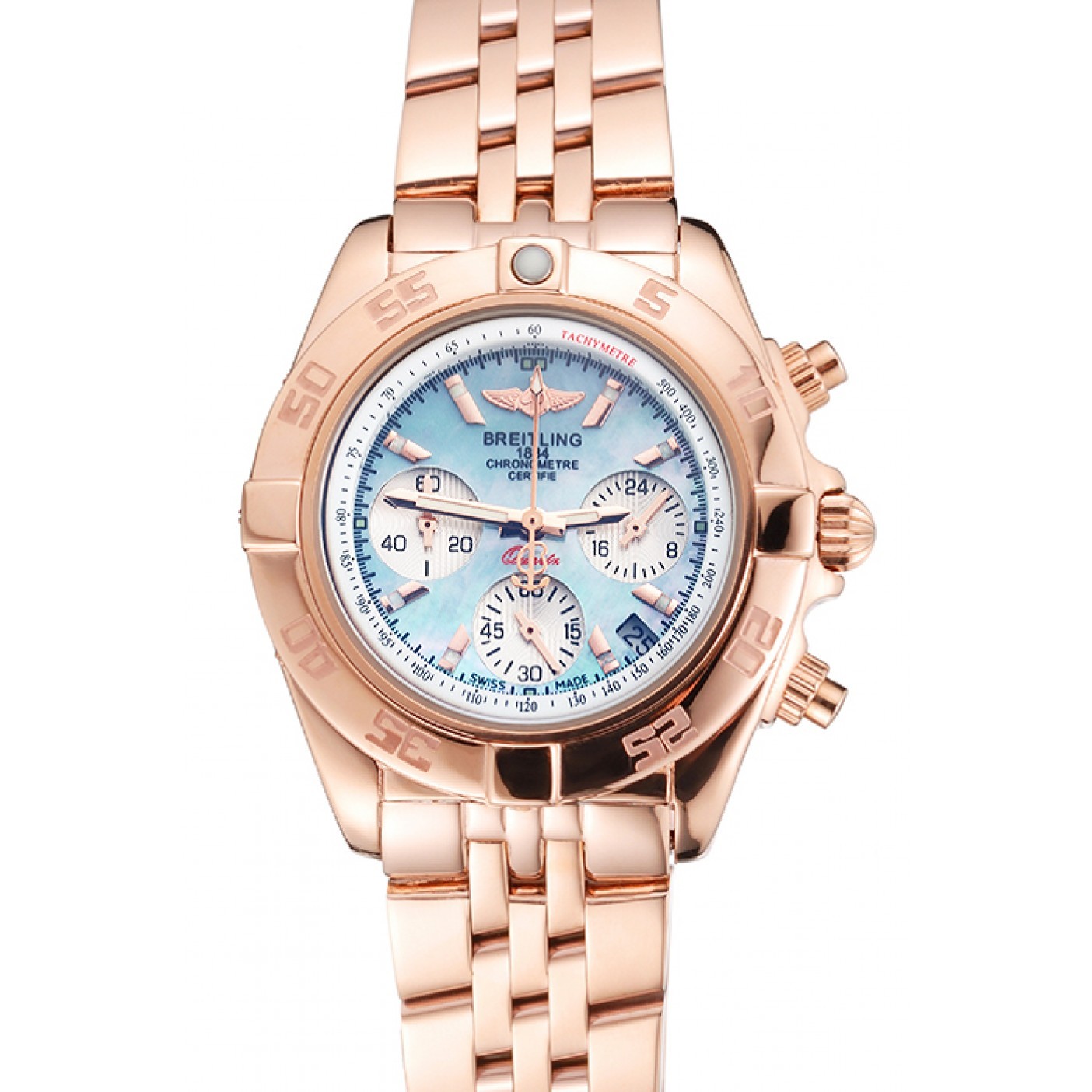 MiroTime Breitling Chronomat Quartz Light Blue Dial Rose Gold Case And Bracelet
