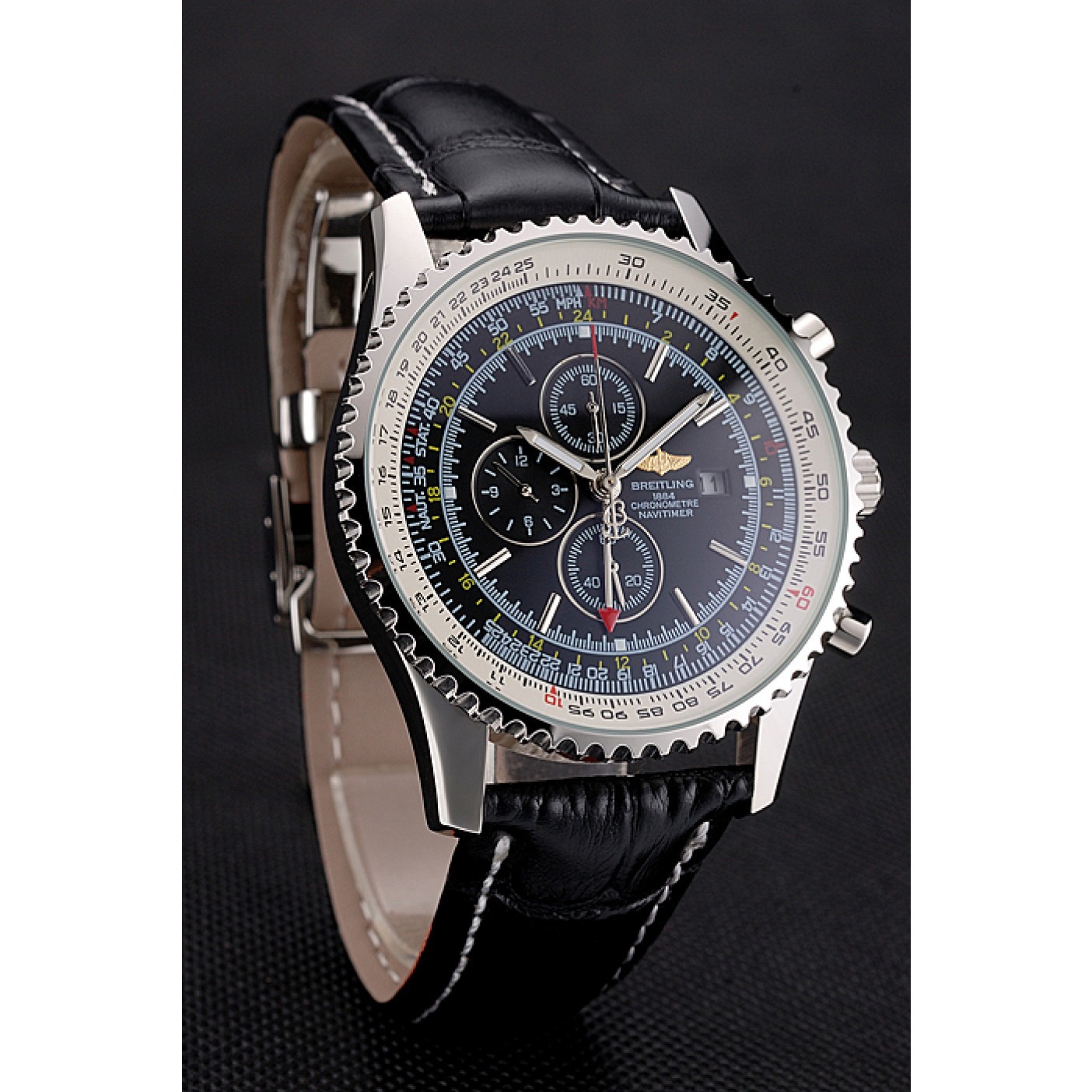 MiroTime Breitling Navitimer World Black Dial Black Leather Bracelet 622513