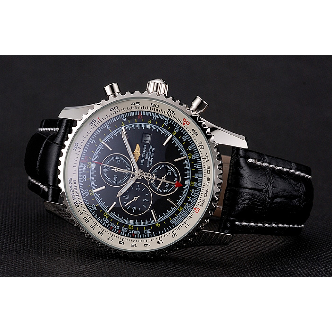 MiroTime Breitling Navitimer World Black Dial Black Leather Bracelet 622513
