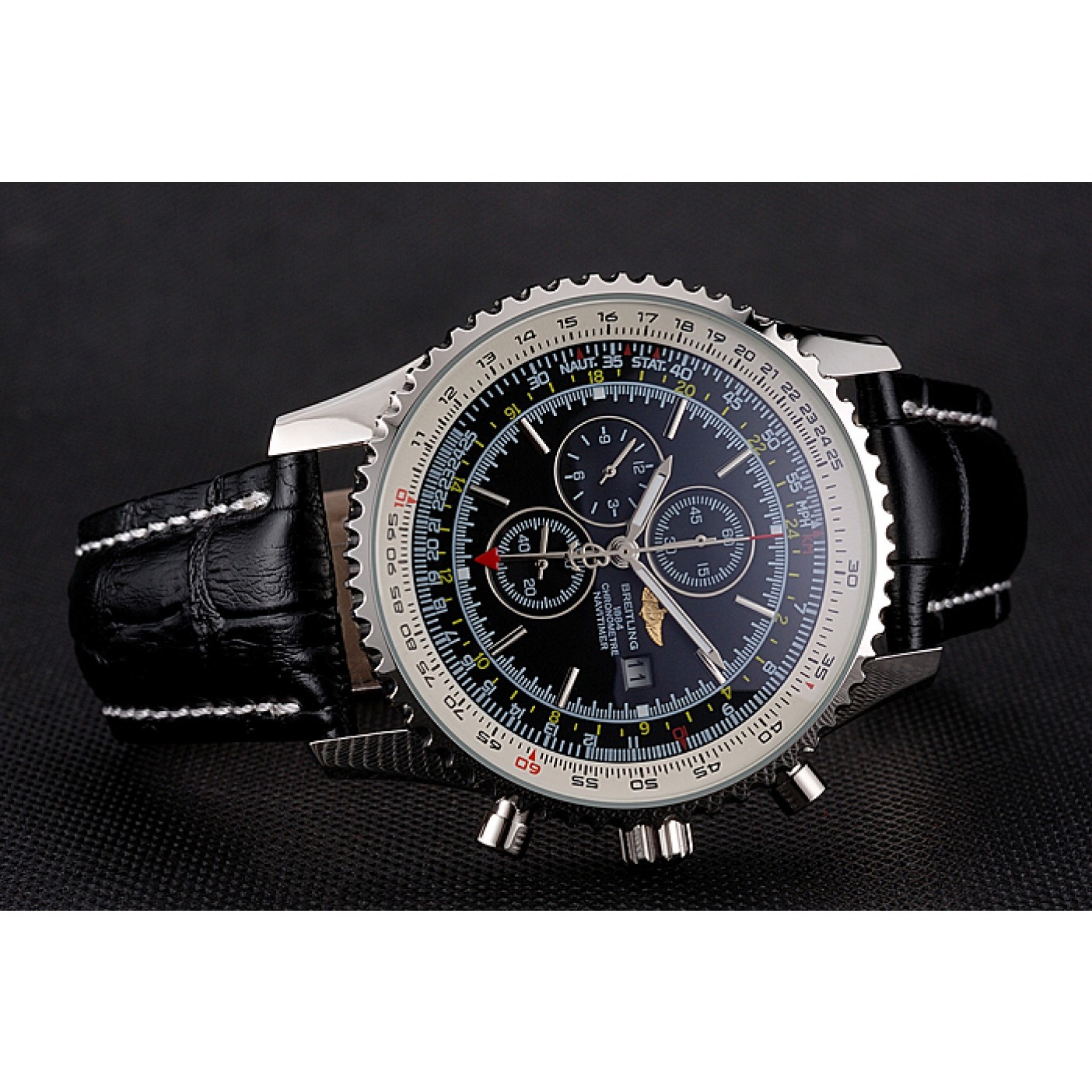 MiroTime Breitling Navitimer World Black Dial Black Leather Bracelet 622513