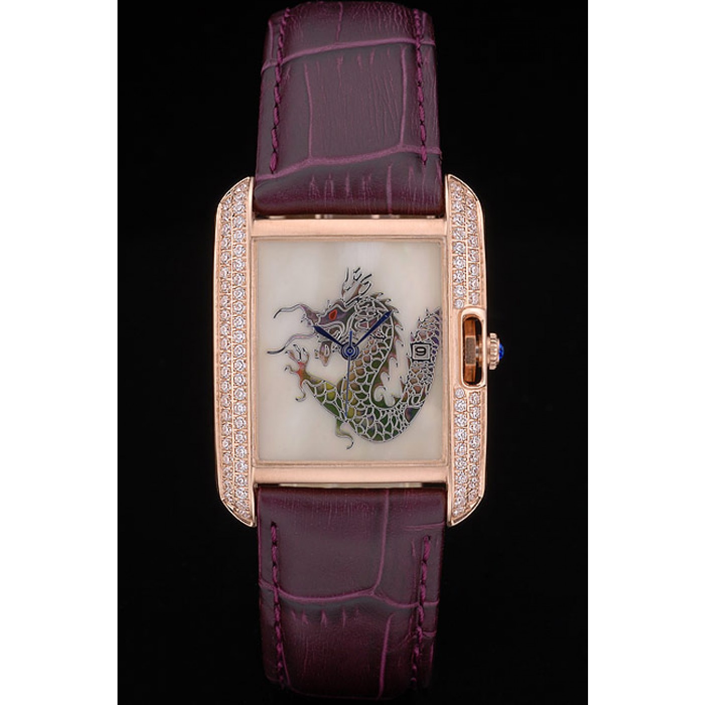 MiroTime Cartier Tank Anglaise White Dragon Dial Diamonds Gold Case Purple Leather Bracelet