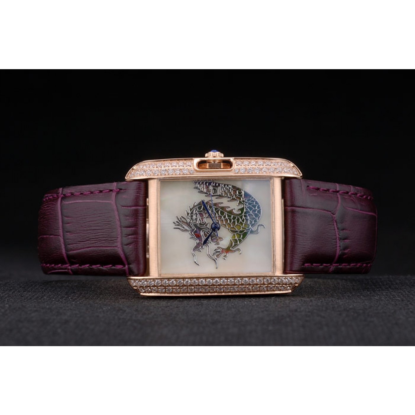MiroTime Cartier Tank Anglaise White Dragon Dial Diamonds Gold Case Purple Leather Bracelet
