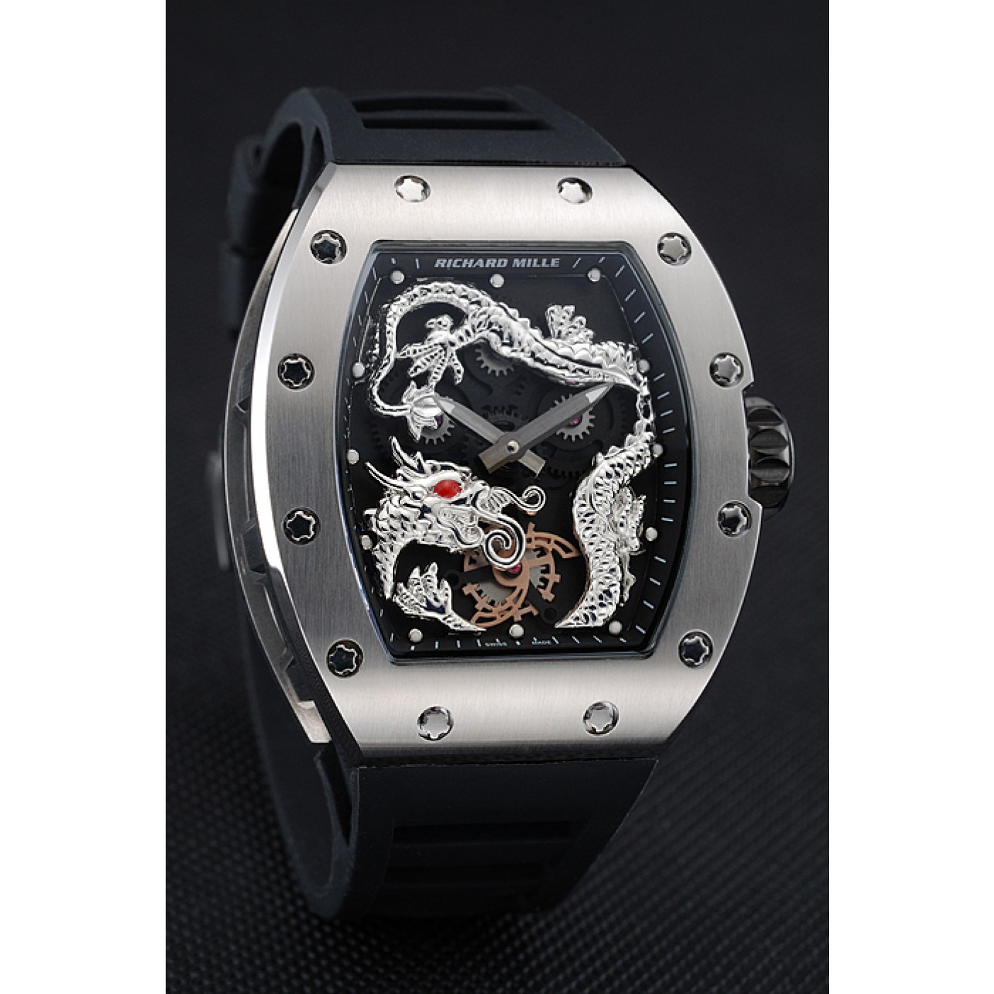 MiroTime Richard Mille RM 057 Tourbillon Dragon Jackie Chan Silver Case Black Rubber Bracelet 1454201