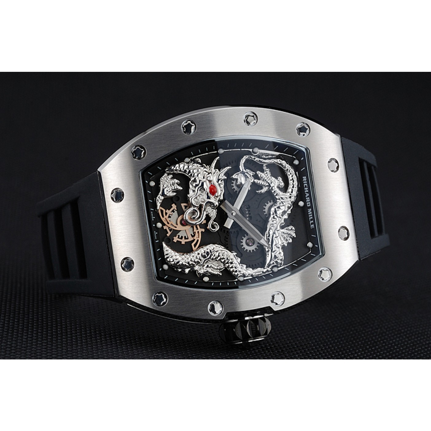 MiroTime Richard Mille RM 057 Tourbillon Dragon Jackie Chan Silver Case Black Rubber Bracelet 1454201