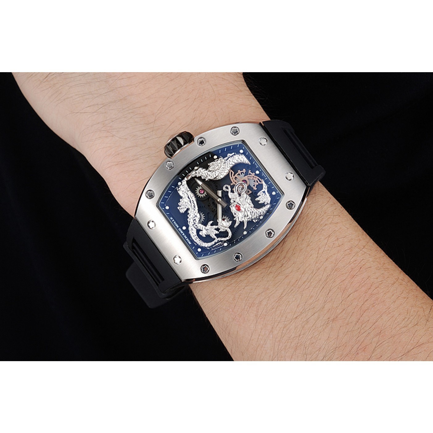 MiroTime Richard Mille RM 057 Tourbillon Dragon Jackie Chan Silver Case Black Rubber Bracelet 1454201