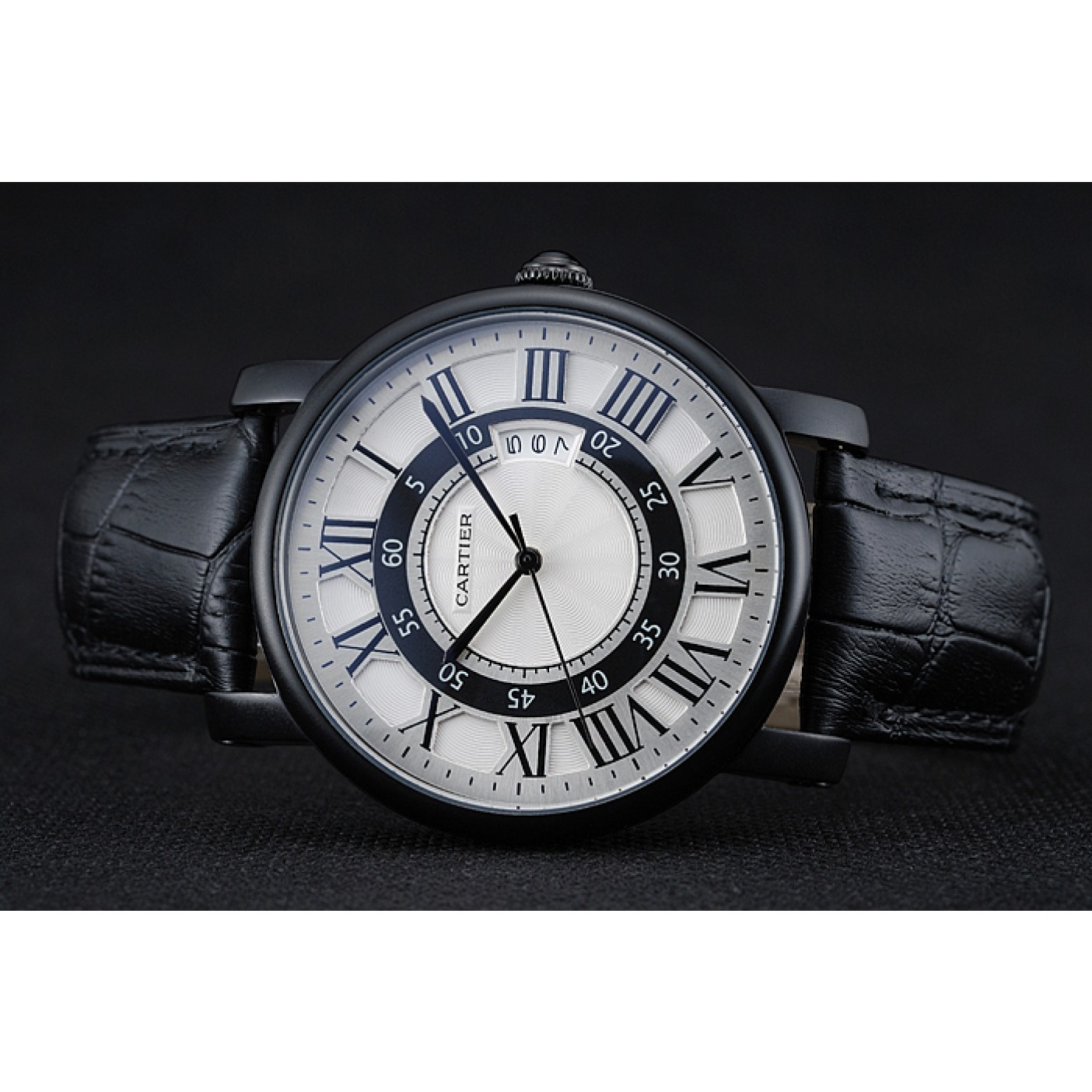 MiroTime Cartier Rotonde White And Black Dial Black Case Black Leather Bracelet 1454219