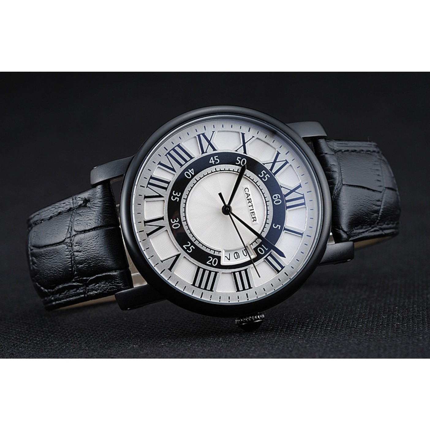 MiroTime Cartier Rotonde White And Black Dial Black Case Black Leather Bracelet 1454219