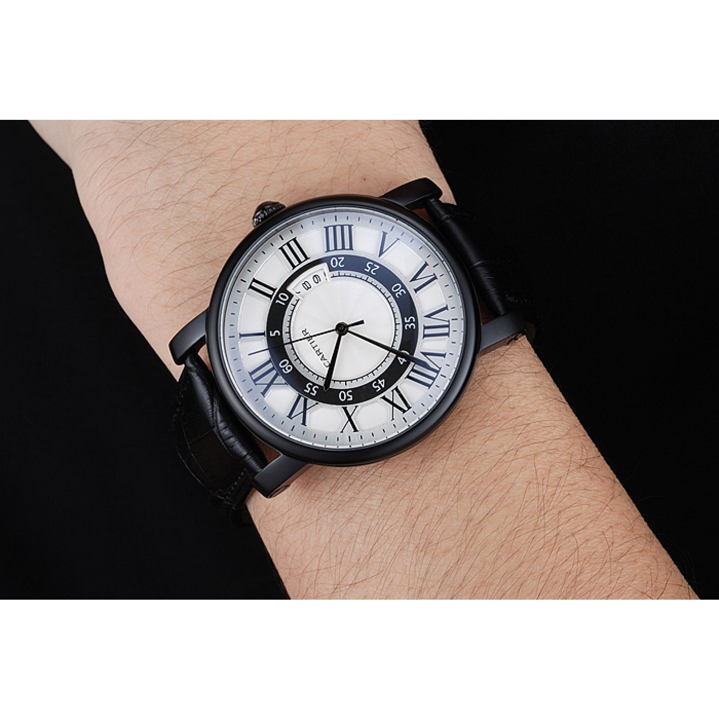 MiroTime Cartier Rotonde White And Black Dial Black Case Black Leather Bracelet 1454219