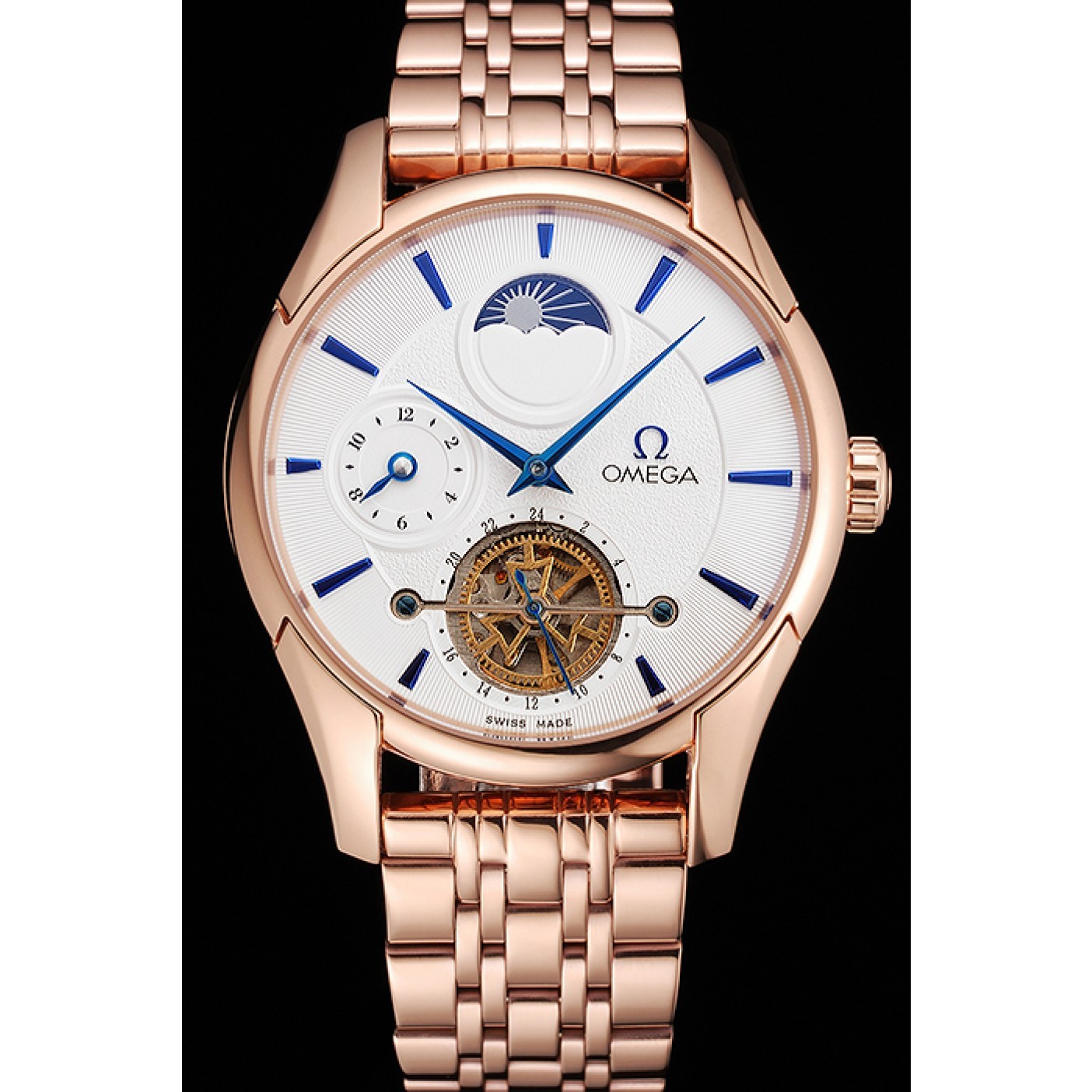 MiroTime Omega De Ville Moonphase Tourbillon White Dial Blue Hands Rose Gold Case And Bracelet