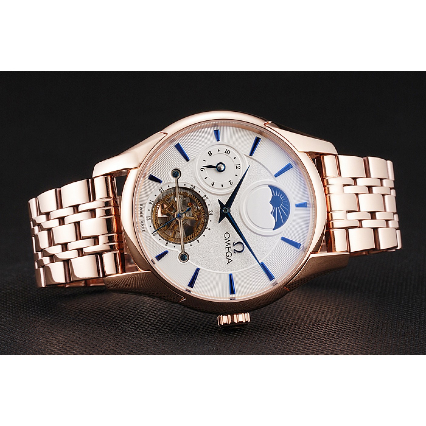 MiroTime Omega De Ville Moonphase Tourbillon White Dial Blue Hands Rose Gold Case And Bracelet