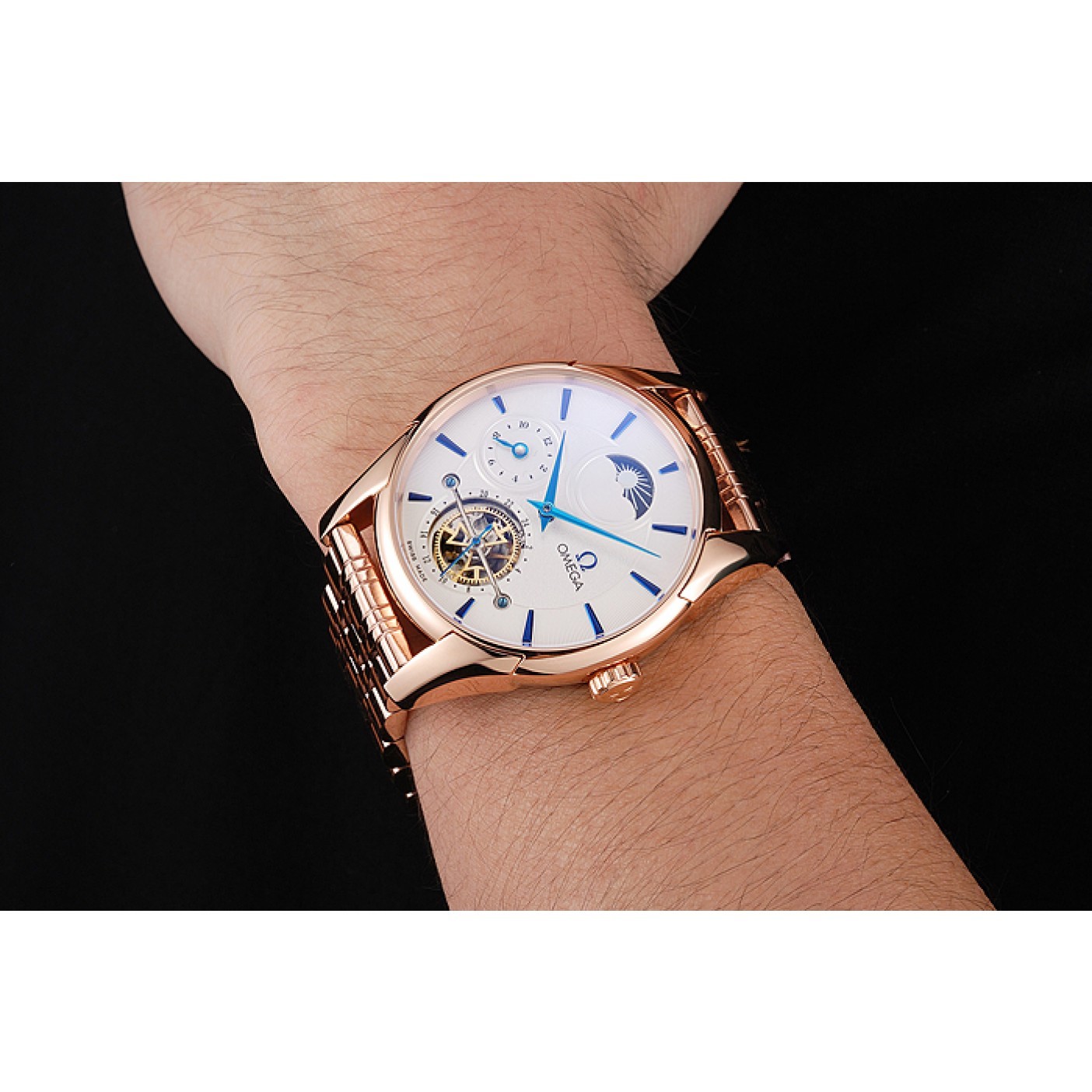 MiroTime Omega De Ville Moonphase Tourbillon White Dial Blue Hands Rose Gold Case And Bracelet