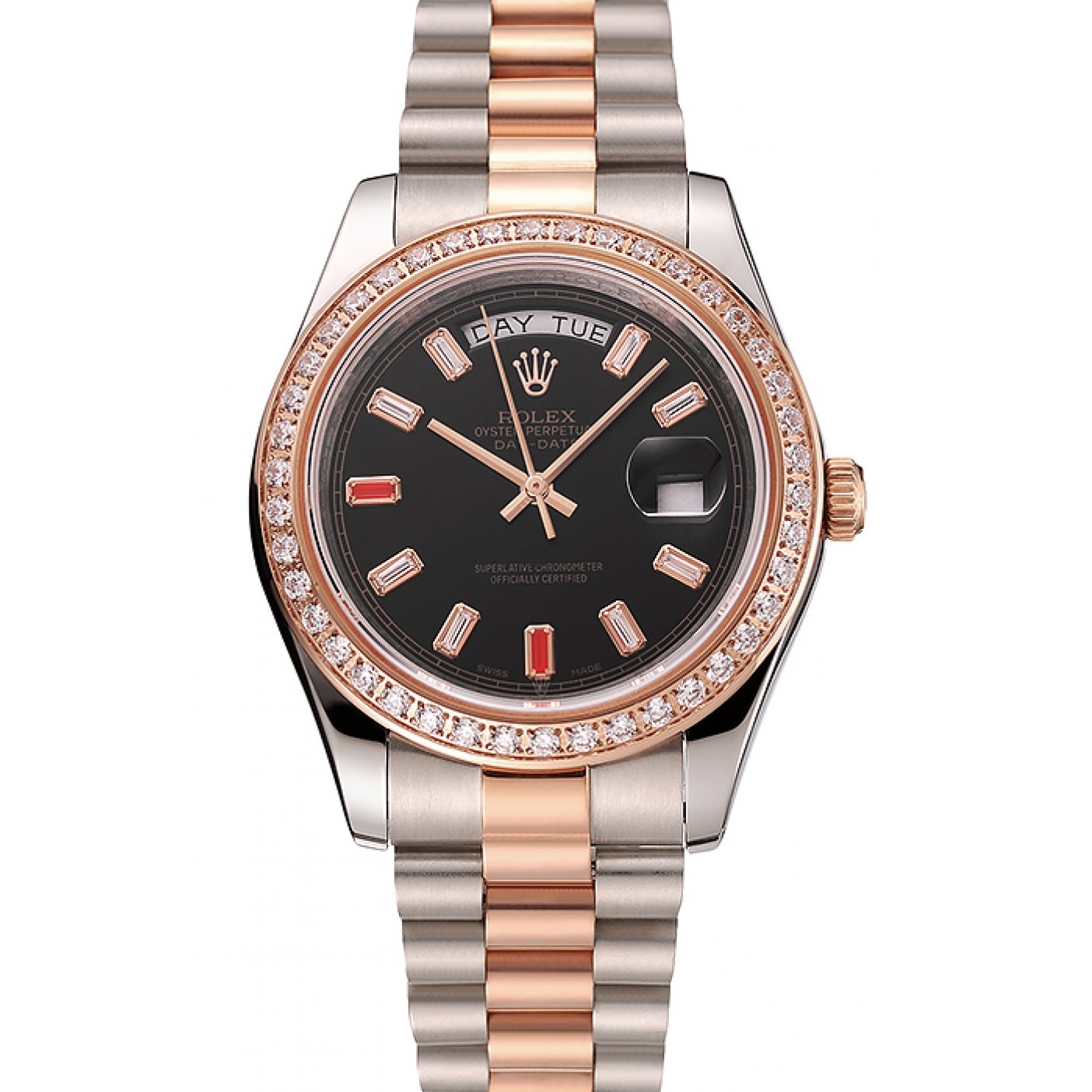 MiroTime Swiss Rolex Day-Date Diamonds And Rubies Black Dial Rose Gold And Staineless Steel Bracelet 1454106