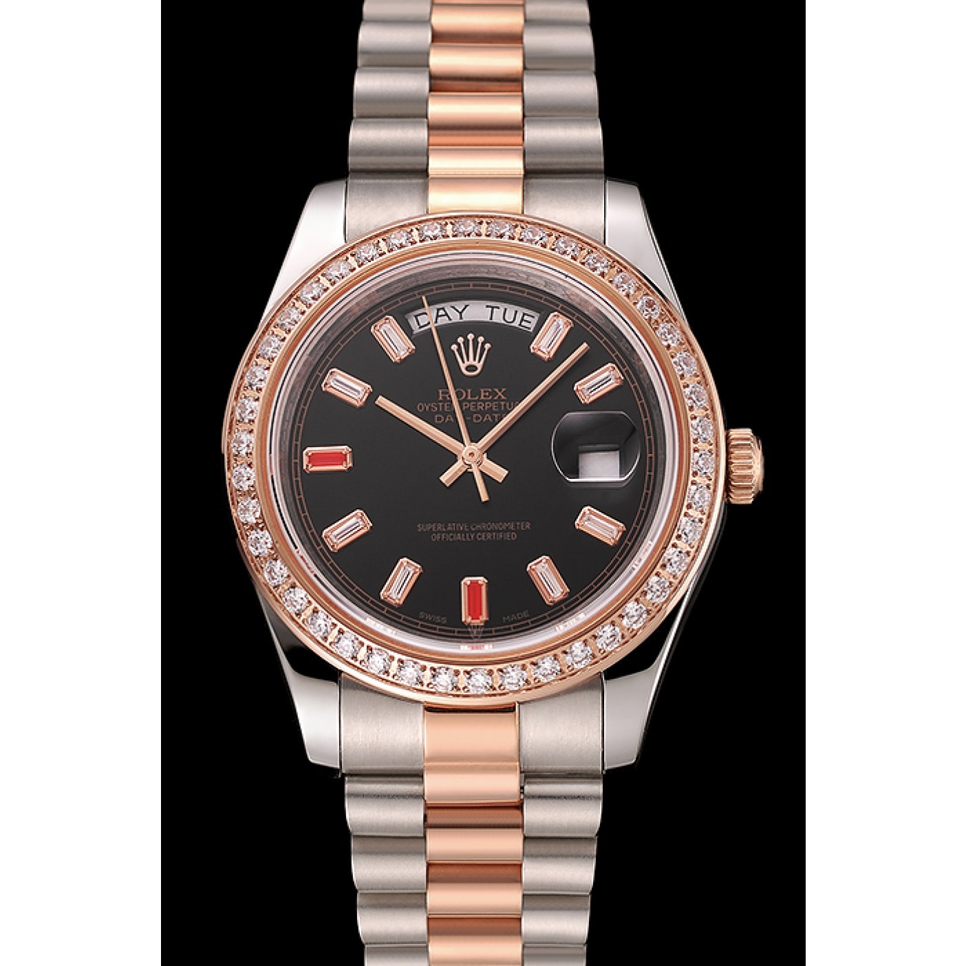 MiroTime Swiss Rolex Day-Date Diamonds And Rubies Black Dial Rose Gold And Staineless Steel Bracelet 1454106
