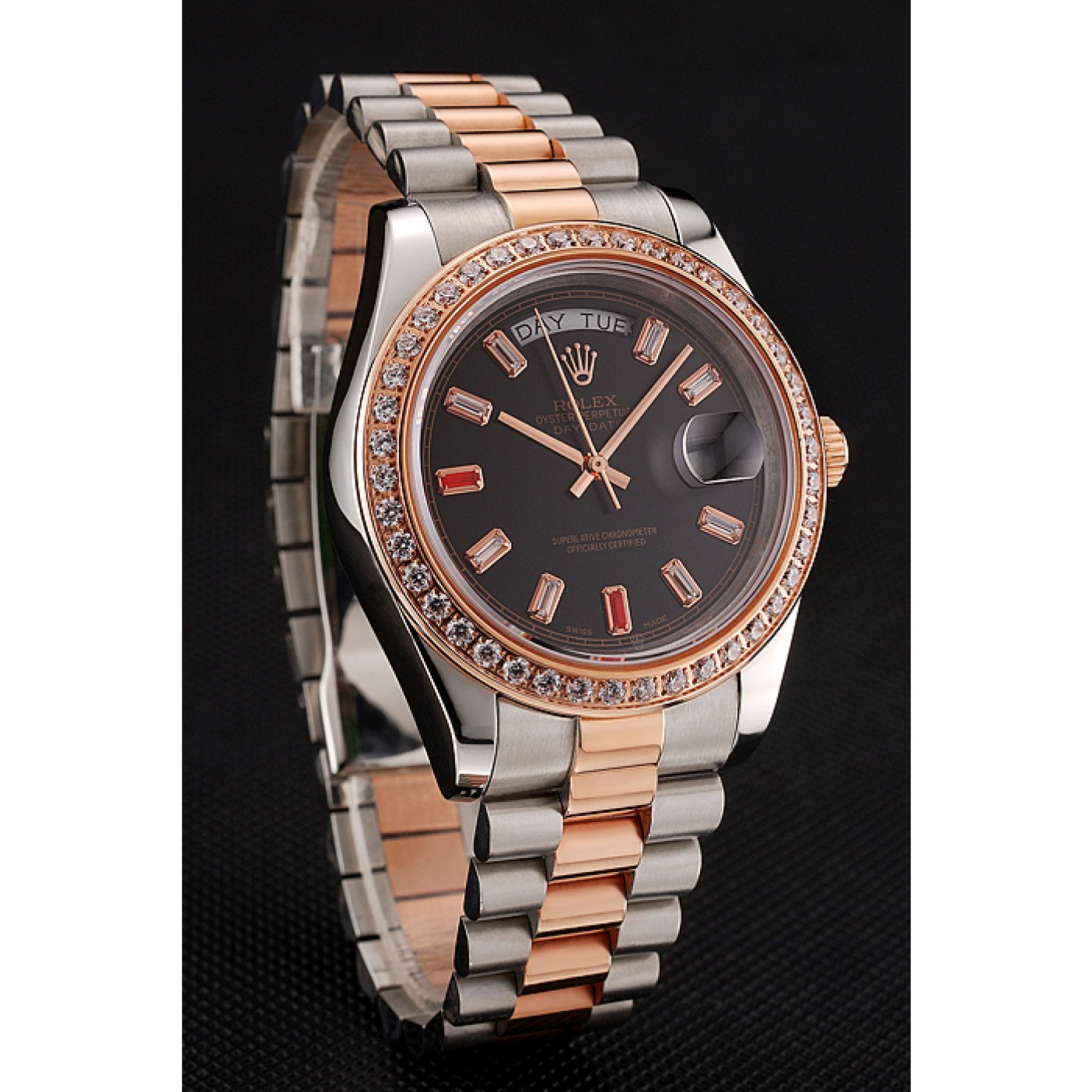 MiroTime Swiss Rolex Day-Date Diamonds And Rubies Black Dial Rose Gold And Staineless Steel Bracelet 1454106