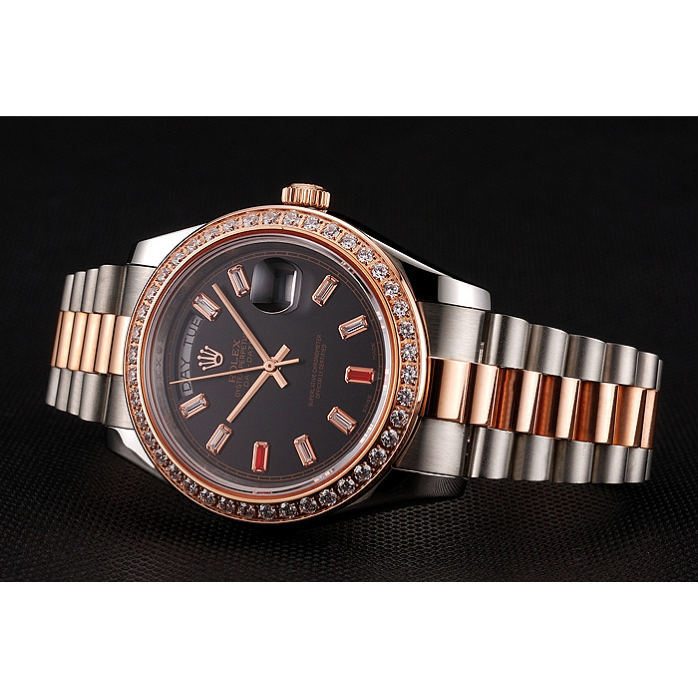 MiroTime Swiss Rolex Day-Date Diamonds And Rubies Black Dial Rose Gold And Staineless Steel Bracelet 1454106