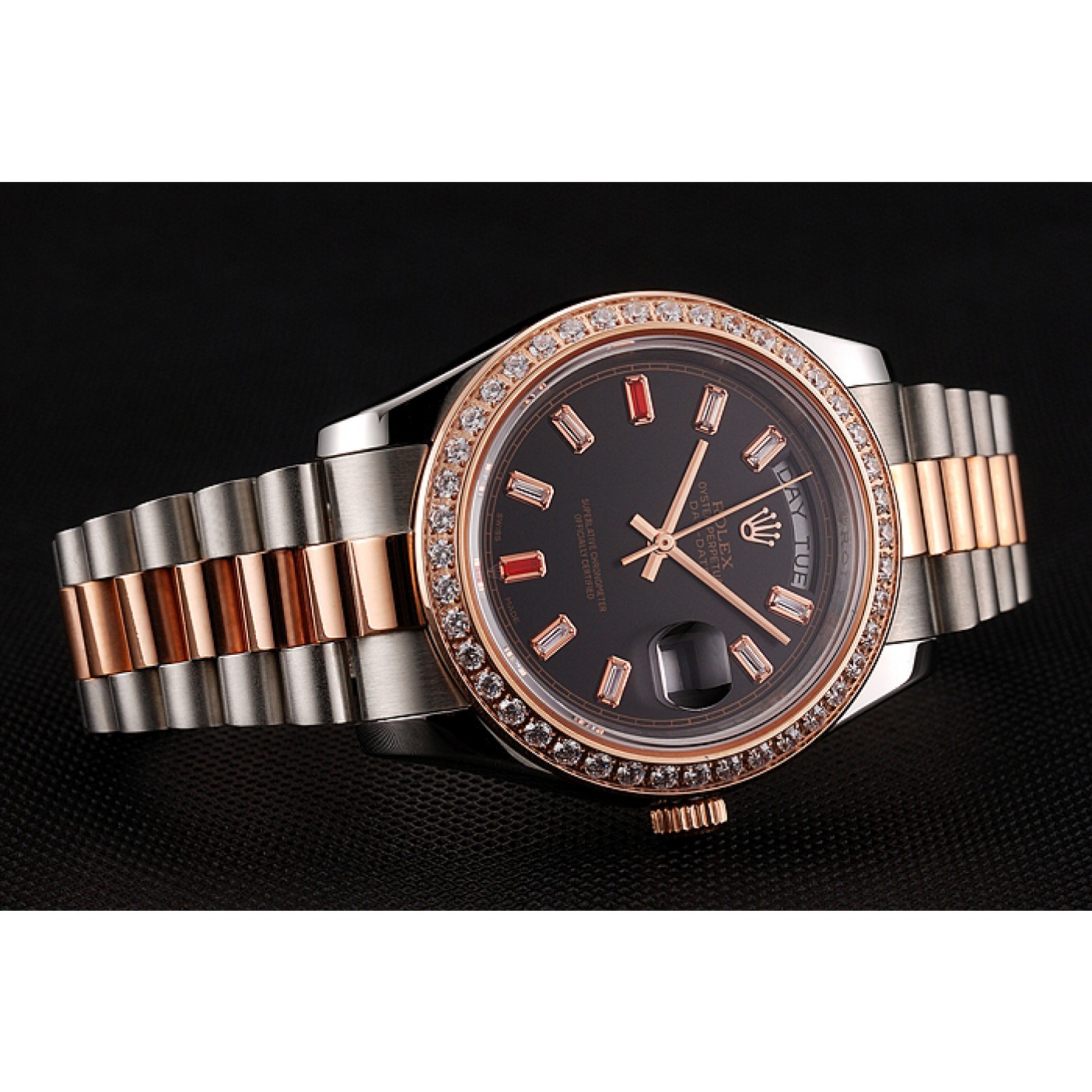 MiroTime Swiss Rolex Day-Date Diamonds And Rubies Black Dial Rose Gold And Staineless Steel Bracelet 1454106