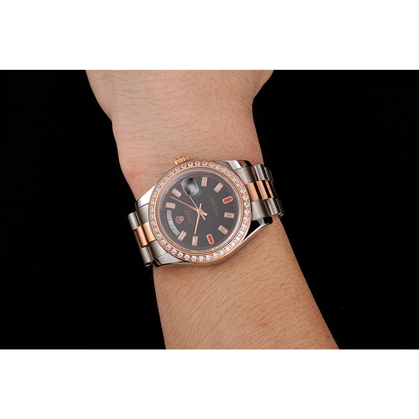 MiroTime Swiss Rolex Day-Date Diamonds And Rubies Black Dial Rose Gold And Staineless Steel Bracelet 1454106