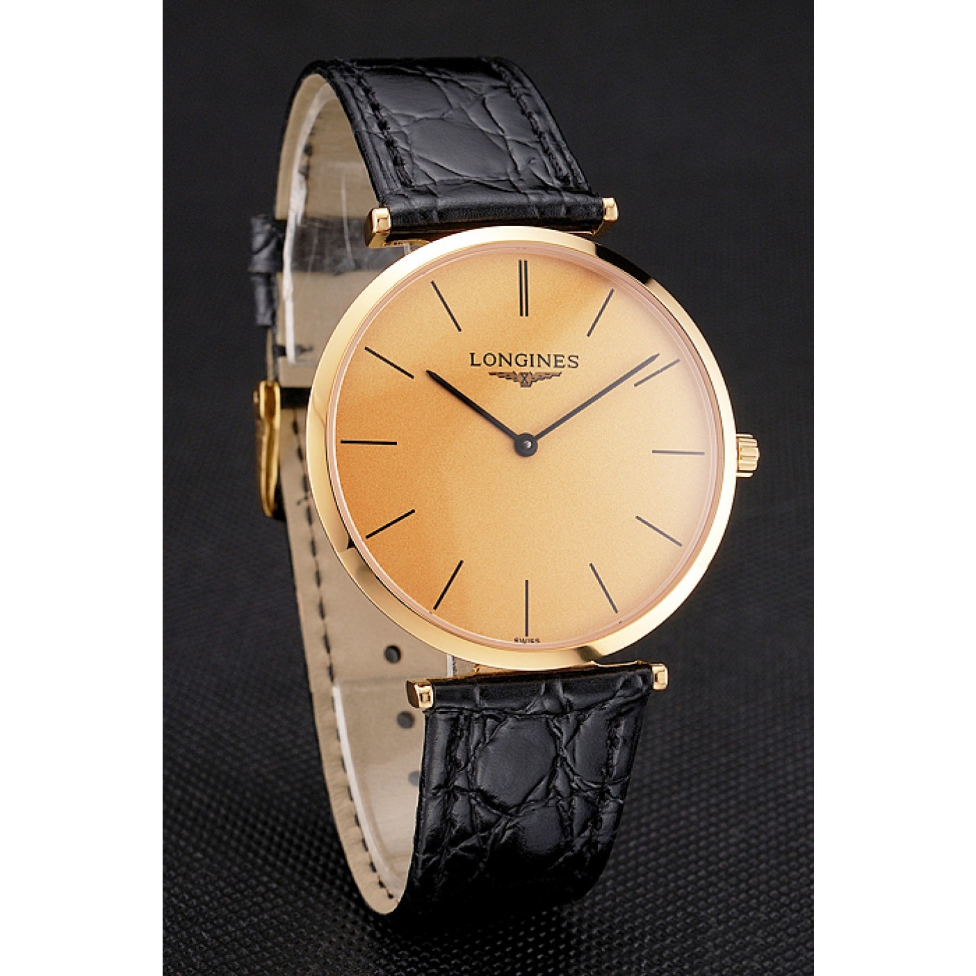 MiroTime Swiss Longines Grande Classique Gold Dial Gold Case Black Leather Strap