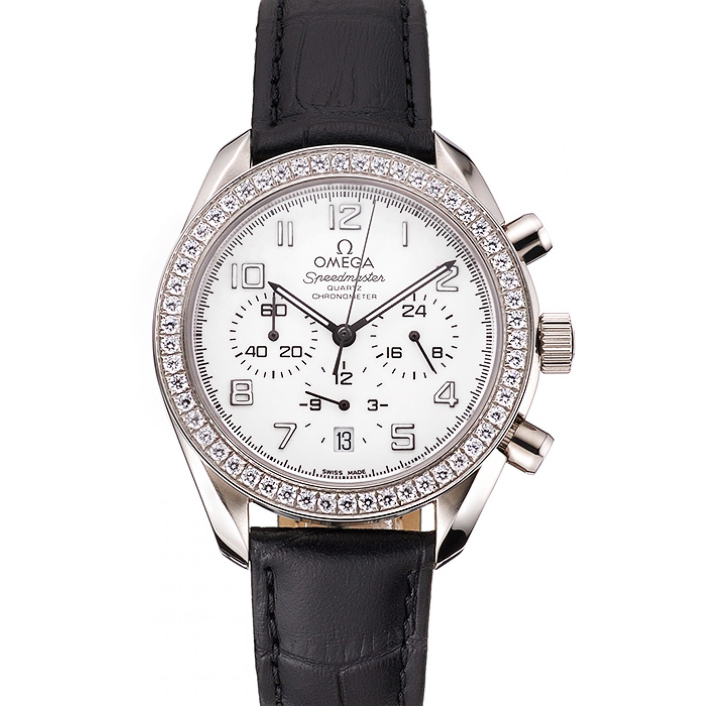MiroTime Omega Speedmaster White Dial Stainless Steel Case Diamond Bezel Black Leather Strap