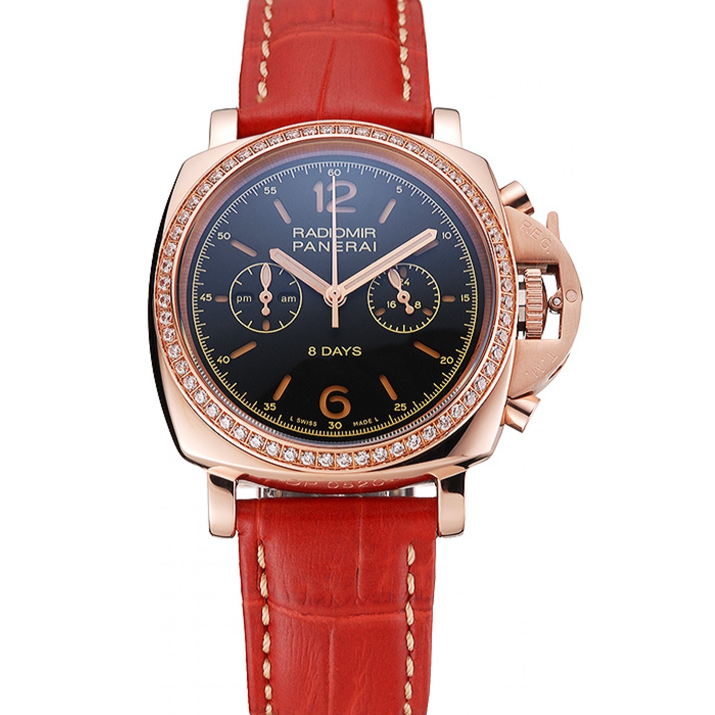 MiroTime Panerai Radiomir 8 Days Chronograph Black Dial Diamond Bezel Rose Gold Case Red Leather Strap 1453797