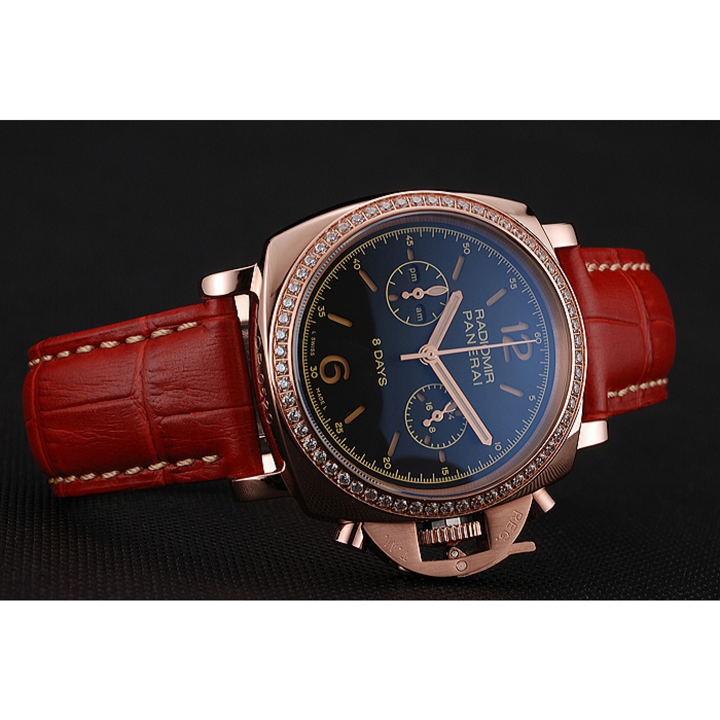 MiroTime Panerai Radiomir 8 Days Chronograph Black Dial Diamond Bezel Rose Gold Case Red Leather Strap 1453797