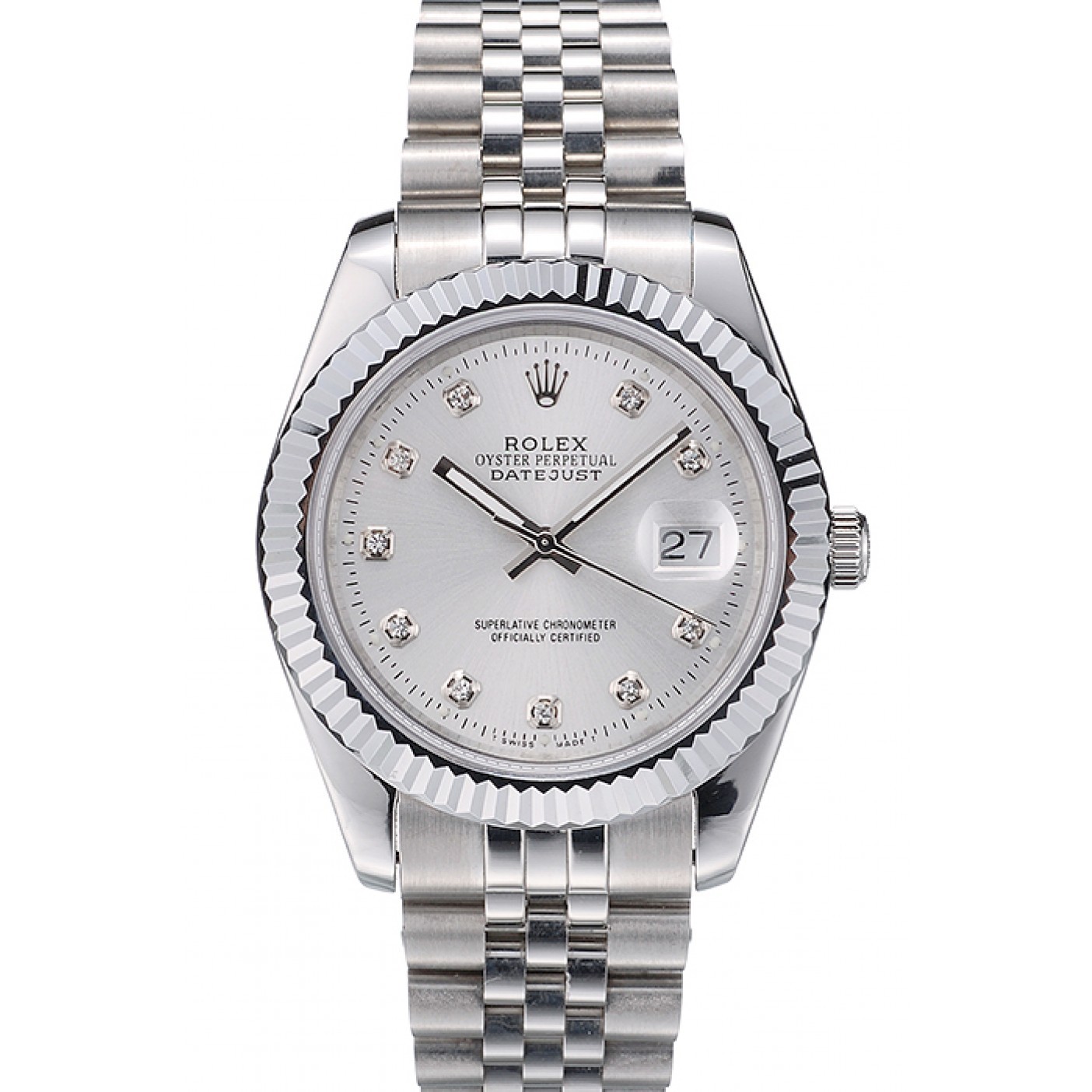 MiroTime Rolex Swiss DateJust Stainless Steel Ribbed Bezel Silver Dial 41996