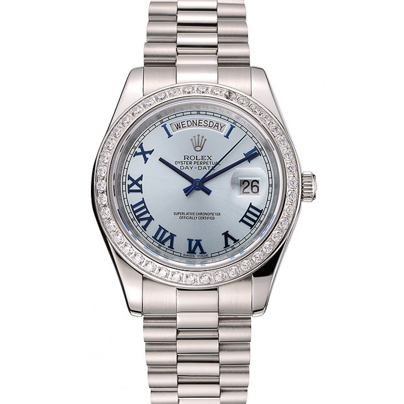 MiroTime Swiss Rolex Day-Date Ice Blue Dial Diamond Case Stainless Steel Bracelet 1453962