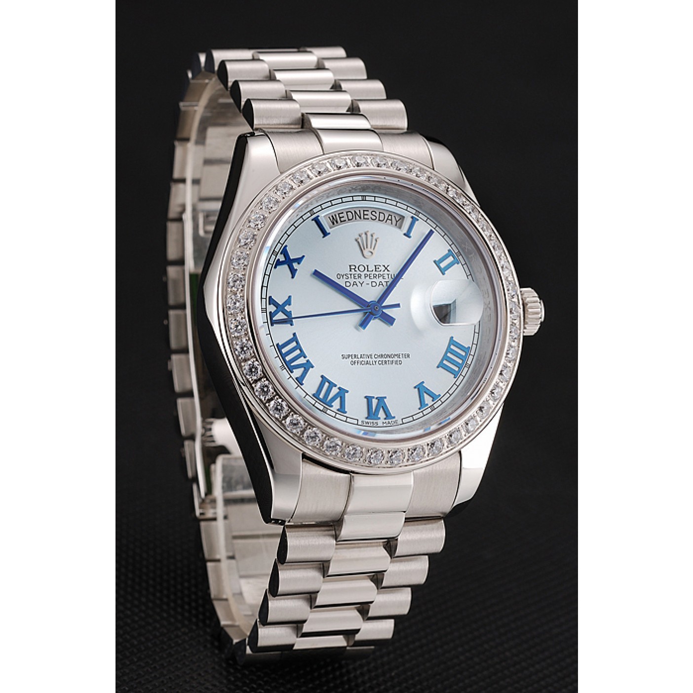 MiroTime Swiss Rolex Day-Date Ice Blue Dial Diamond Case Stainless Steel Bracelet 1453962