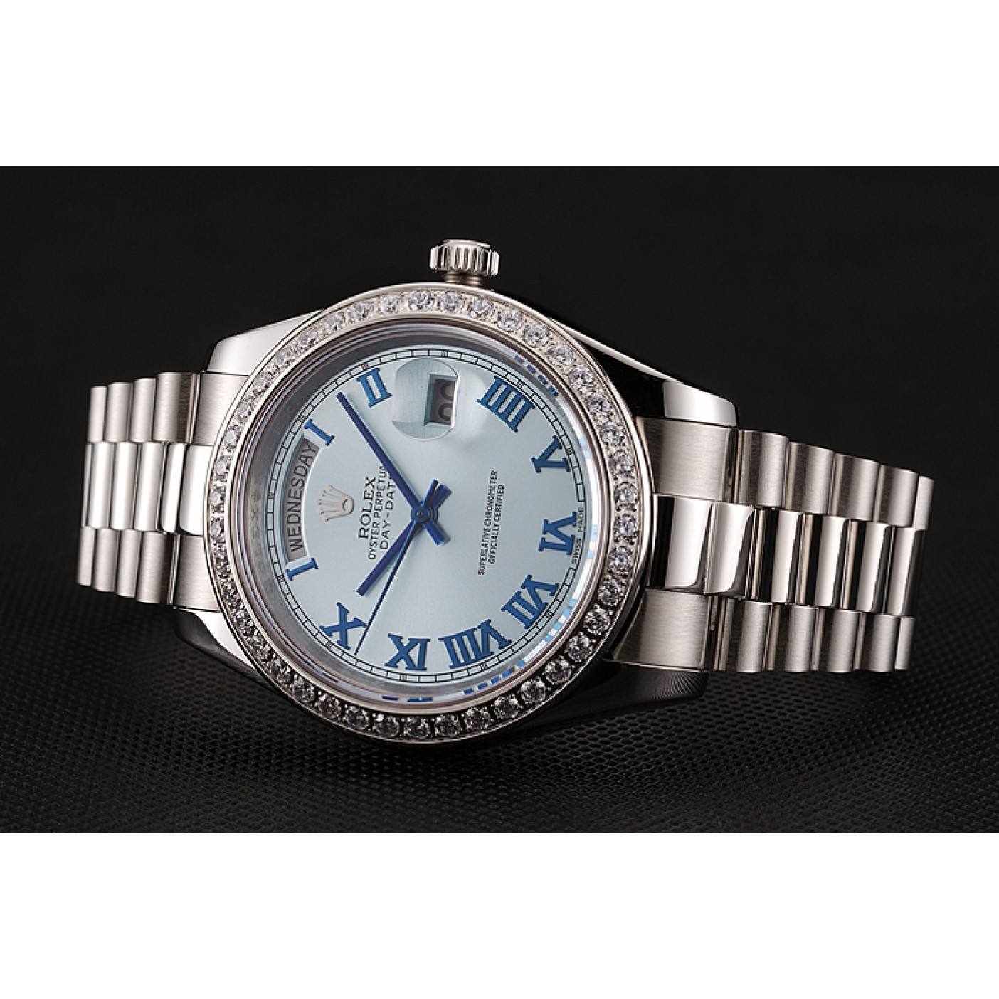 MiroTime Swiss Rolex Day-Date Ice Blue Dial Diamond Case Stainless Steel Bracelet 1453962