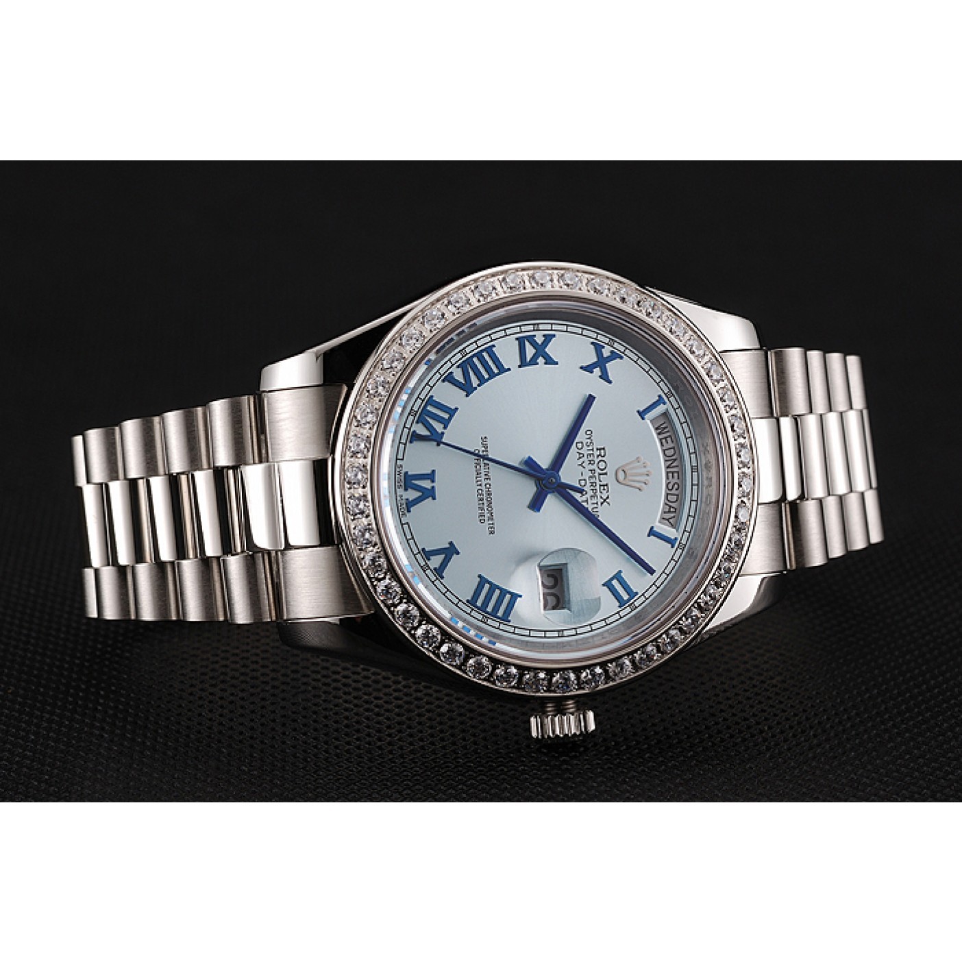 MiroTime Swiss Rolex Day-Date Ice Blue Dial Diamond Case Stainless Steel Bracelet 1453962