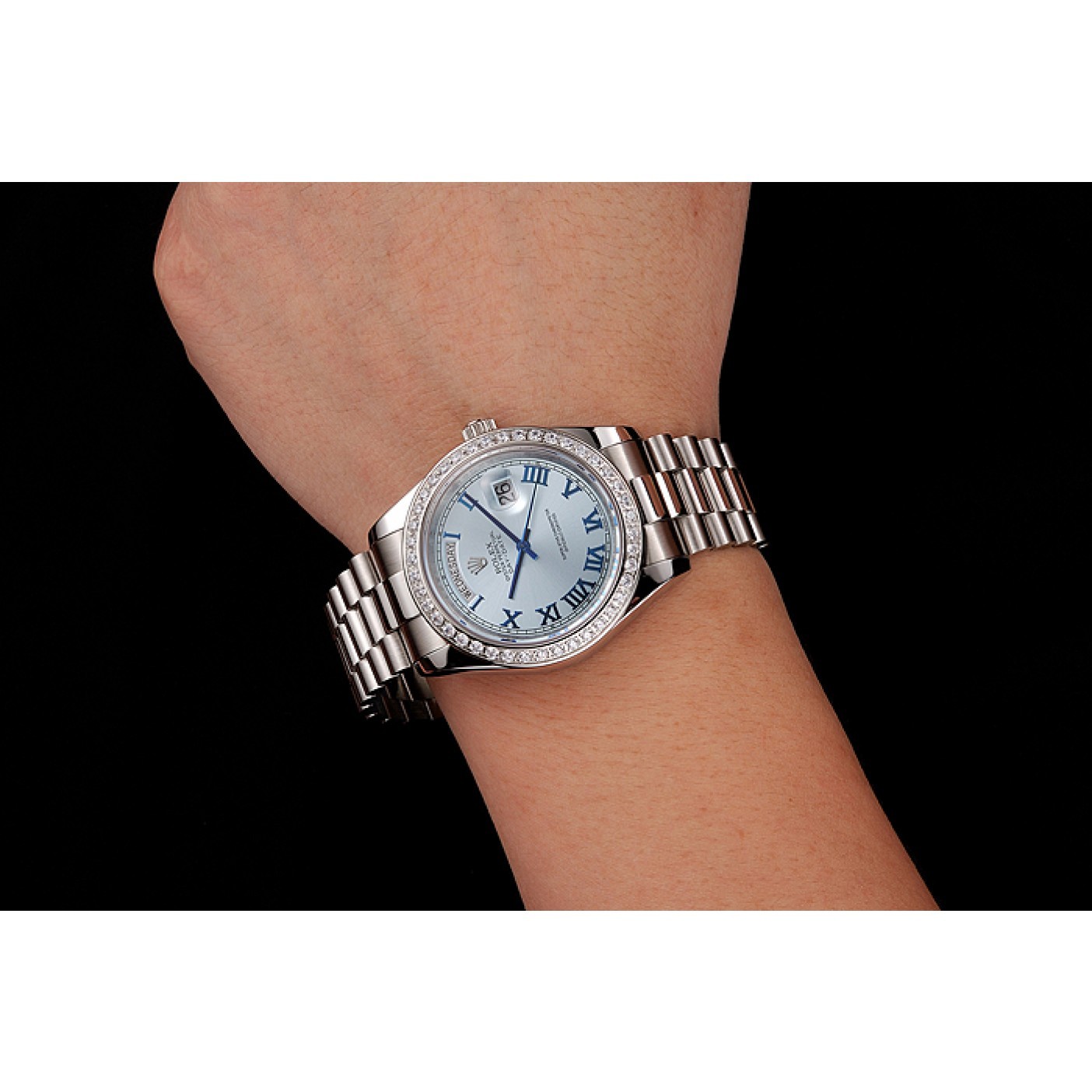 MiroTime Swiss Rolex Day-Date Ice Blue Dial Diamond Case Stainless Steel Bracelet 1453962