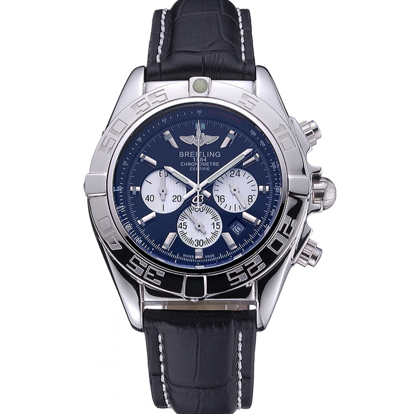 MiroTime Breitling Chronomat 44 Black Dial with White Subdials Black Leather Bracelet 622511