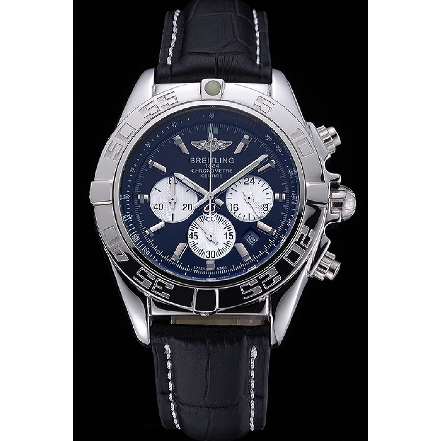 MiroTime Breitling Chronomat 44 Black Dial with White Subdials Black Leather Bracelet 622511