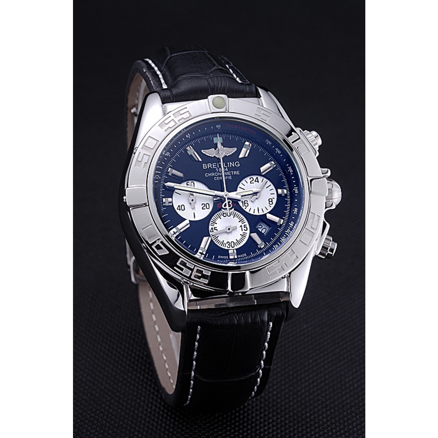 MiroTime Breitling Chronomat 44 Black Dial with White Subdials Black Leather Bracelet 622511