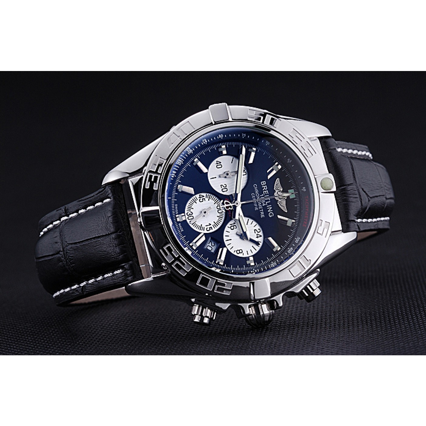 MiroTime Breitling Chronomat 44 Black Dial with White Subdials Black Leather Bracelet 622511