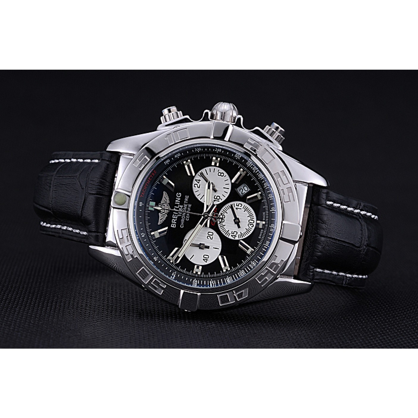MiroTime Breitling Chronomat 44 Black Dial with White Subdials Black Leather Bracelet 622511