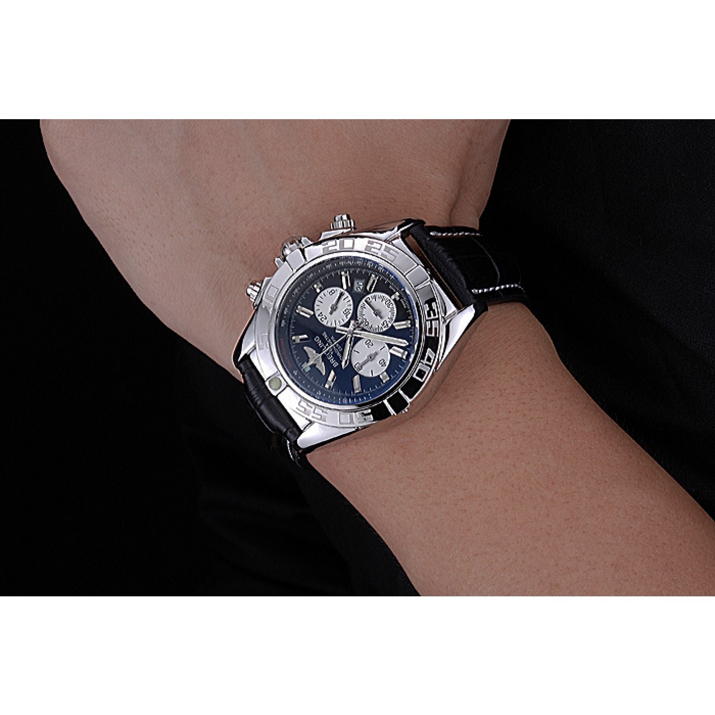 MiroTime Breitling Chronomat 44 Black Dial with White Subdials Black Leather Bracelet 622511