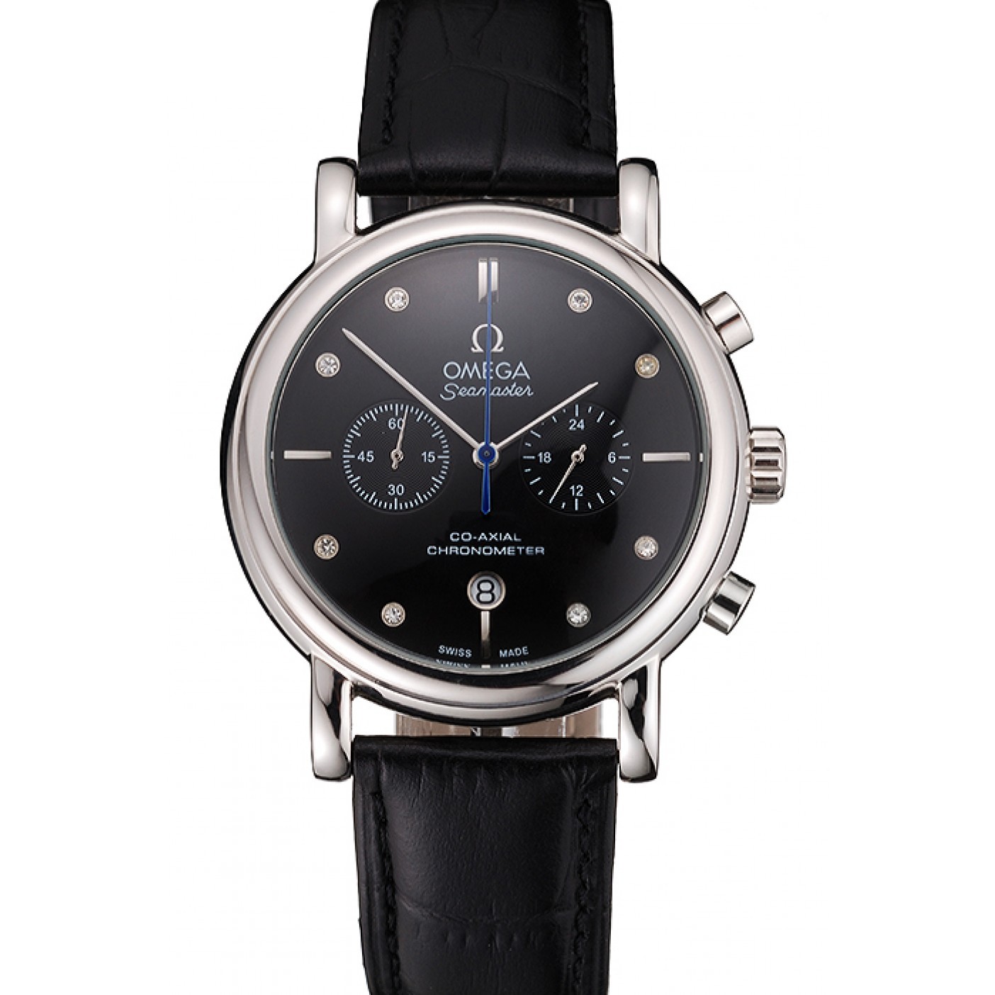 MiroTime Omega Seamaster Vintage Chronograph Black Dial Diamond Hour Marks Stainless Steel Case Black Leather Strap