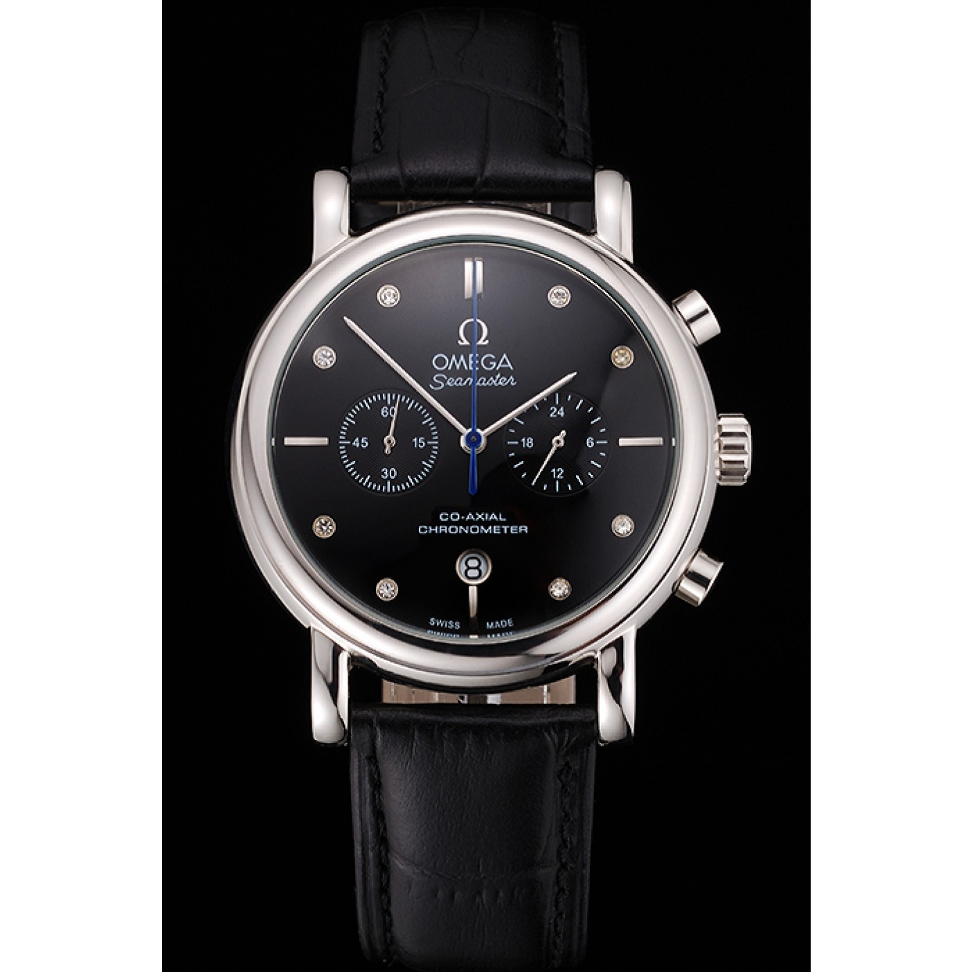 MiroTime Omega Seamaster Vintage Chronograph Black Dial Diamond Hour Marks Stainless Steel Case Black Leather Strap