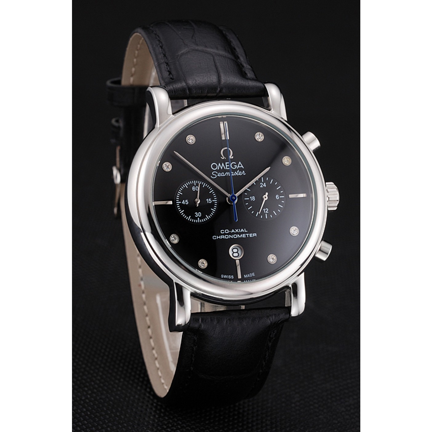 MiroTime Omega Seamaster Vintage Chronograph Black Dial Diamond Hour Marks Stainless Steel Case Black Leather Strap