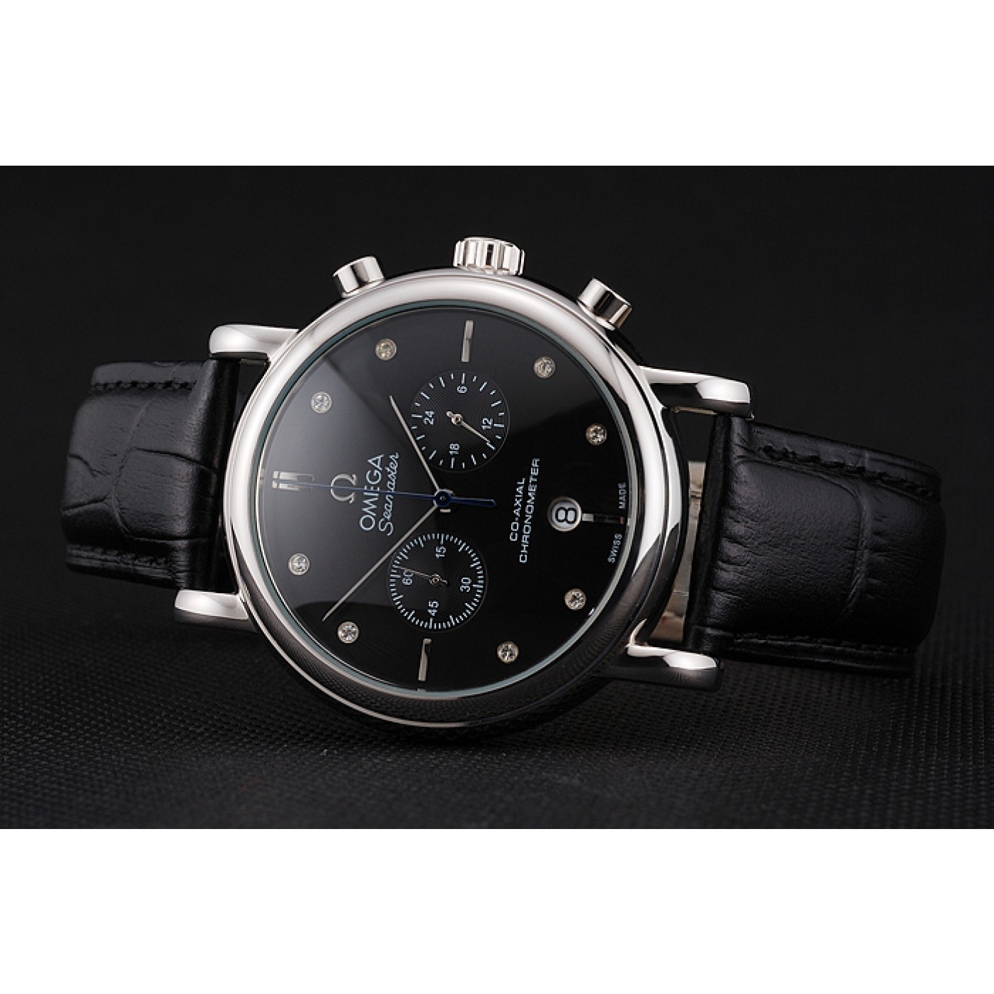 MiroTime Omega Seamaster Vintage Chronograph Black Dial Diamond Hour Marks Stainless Steel Case Black Leather Strap